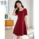 她享短袖连衣裙女方领赫本风小个子高级感时尚红色礼服裙子T143Q1426