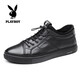 Playboy casual leather shoes men's new lightweight breathable first layer cowhide sneakers soft sole soft surface wear-resistant elastic band men's single shoes black 40