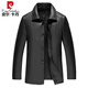 皮尔卡丹（pierre cardin）高档秋冬季真皮皮衣外套男士翻领中年头层牛皮风衣中长款夹克男爸 暗扣黑色【可脱卸羽绒内胆】 205/6XL 建议210-230斤