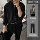 Camisa de manga larga con traje para hombres de manga larga y guapo chaqueta y camisa de negocios informal de dos piezas de otoño de otoño] C102 Brown Camiseta + Pantalones negros XL