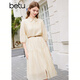 Betu women's spring new dress retro loose French waist slim dress 2402T84 apricot L