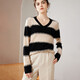 Pash Cashmere Sweater Women's 100% Cashmere Autumn and Winter V-neck Single Yarn Loose Striped Knitted Sweater TY-3134 Green Velvet + Black One Size