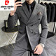 Pierre Cardin double-breasted suit suit for men, casual business suit, groom's wedding dress, handsome slim fit suit for men, medium gray two-piece suit (suit + trousers) 2XL (140-150Jin Jin is equal to 0.5kg)