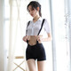 
Women's sexy uniform tempting large size school girls stockings secretary maid without taking off the crotch stewardess 7027 work clothes powder_hat + clothes + T-pants + large size 115-130Jin[Jin equals 0.5 kg]