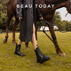Beautoday Botas de cuero de cuero genuinas de suela gruesa Botas para mujeres Retro Style British Tube Boots Boots Gris Knight Boots Pequeñas botas elevadas para mujeres Classic Black 36