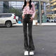 Mu Yilin Jeans für Frauen im Frühling und Herbst Neues schwarzes Grau leicht ausgestattet Hochtütig Slim Nischendesign Slim Woll Flared Hosen 677 Black Grey 30