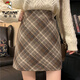Woodpecker 2024 new autumn and winter woolen skirt college style retro high-waisted plaid skirt plaid hip-covering A-line skirt temperament brown elastic waist / inner trousers L recommended 105-120 Jin Jin equals 0.5 kg
