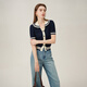 Fan Silan College Style versatile contrasting color POLO collar knitted cardigan 2024 summer new top 24FS12115 Navy blue M