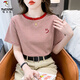 啄木鸟条纹短袖t恤女2025年夏季新款百搭修身打底体恤笑脸刺绣上衣ins 红色9928 M 建议95-105斤