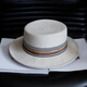 Tochino high-end wool braided flat brim hat for women, elegant, fashionable and versatile, striped jazz hat, French flat top hat, khaki M (56-58cm), one size fits all, adjustable
