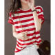 Yunzhuang Diemeng short-sleeved T-shirt for women 2023 summer new cotton and linen simple age-reducing loose summer bottoming shirt half-sleeved top red striped S (recommended 80-90Jin [Jin equals 0.5 kg])