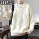 JEEP SPIRIT假两件圆领毛衣男秋冬季菱格提花针织衫青年加厚保暖打底毛线衣 9227黑色 XL 约120-140斤可穿