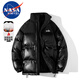 NASA MARVEL cotton coat men's winter coat thickened trendy pu leather trendy brand cotton coat couple stand collar warm jacket black L