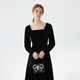 Fan Silann Velvet Bajo Collar Square Black Skirt para Mujeres 2024 Vestido de reunión anual de New Elegant Elegant Reune 14698 Negro S