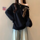RWNNNI American retro leopard print slanted shoulder sweater for women, autumn and winter style, lazy, loose, Western style, European and American style new style knitted sweater top, gray [Follow the store for priority delivery] S [75-90Jin[Jin equals 0.5kg]]