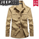 JEEP SPIRIT/品牌高档男装长袖衬衫男多口袋工装免烫棉衬衣春秋中年宽松 1389加绒卡其色 6XL