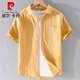 Pier Cardin brand high-end men's linen lapel short-sleeved T-shirt loose shirt collar top with tie T cotton linen 9711 blue M