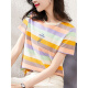Camiseta de manga corta a rayas de verano de NY-RCE para el nuevo estilo coreano de mujeres, versátil y versátil con rayas a media manga tostada 1DS009 Pink Blue Strip + 9764 White L White L