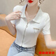 Yan Xunmo short-sleeved new summer zipper cardigan Polo neck T-shirt design niche high-waist short top for women white M [85~100Jin[Jin equals 0.5 kg]]