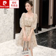 皮尔卡丹（pierre cardin）方领雪纺连衣裙女夏装2025新款炸街小个子减龄显瘦收腰网纱仙女裙 杏色裙子9435初 XL