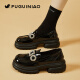 Zapatos de cuero genuino de cuero fugui pájaro gruesas mocasines gruesas para mujeres 2024 nuevos zapatos solteros con la esponja de punta redonda para mujeres zapatos de cuero pequeño fn0235/1049 negro 35