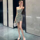 Tang Siwei 2025 new sexy pure hot girl irregular suspender strapless versatile dress for women with shiny birthday dress champagne color dress L 105-115Jin [Jin equals 0.5 kg]
