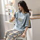 AWMBEL短袖睡衣女夏季七分裤家居服套装2025年新款棉薄款两件套春夏WT. 兰笑脸1098L七分裤 M (75-95斤)