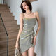 Tang Siwei 2025 new sexy pure hot girl irregular suspender strapless versatile dress for women with shiny birthday dress champagne color dress L 105-115Jin [Jin equals 0.5 kg]