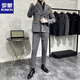 罗蒙（ROMON）高档正品戗驳领双排扣西服套装男新郎开会礼服胖子蓝色小西装 深灰三件套(西服+西裤+马甲+衬衫 L