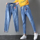 Versión grande y simple de jeans de siete puntos de cintura elástica de la cintura alta para mujeres sueltas de verano delgada mujeres elásticas de 7 puntos calzones delgados 3523# azul claro accesorios delgados de siete puntos 26