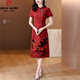 皮尔卡丹（pierre cardin）品牌喜婆婆仿香云纱连衣裙女2025新款妈m气质礼服仿真丝改良旗袍 红色 JY-9906 2XL