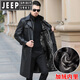JEEP SPIRIT long knee-length leather jacket for men, down-lined leather windbreaker, winter jacket, sheepskin coat, genuine leather down jacket, plus fleece, detachable inner collar and inner placket, 5XL/200 size