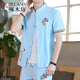 
Woodpecker (TUCANO) summer new men's Tang suit T-shirt Hanfu linen suit cotton linen Chinese style short-sleeved clothes Father's Day gift Black T12 Buddha [top + pants = 2 pieces in total] XL