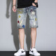 
DIOUTU personality versatile trendy youth fashion new denim shorts men summer thin fashion embroidered five-point pants JD-K829 retro blue size 28 size = waist 2 feet 1