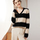Pash Cashmere Sweater Women's 100% Cashmere Autumn and Winter V-neck Single Yarn Loose Striped Knitted Sweater TY-3134 Green Velvet + Black One Size
