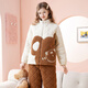 Fenten couple's pajamas autumn and winter quilted plus velvet stand-up collar anti-static long-sleeved pajamas set cartoon bear home clothes off-white-women's M