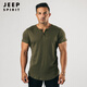JEEP SPIRIT muscular man fitness round neck buttoned short-sleeved t-shirt cotton slim fit tough guy henley shirt sports top solid color t summer white XL