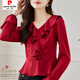 Pierre Cardin ruffled chiffon shirt women's long-sleeved spring and autumn new v-neck waist top short shirt belly-covering shirt red M