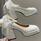Lieenna dicke einzige kleine Lederschuhe für Frauen mit dicker dicker Absätze Mary Zhen Schuhe für runde Zehen High Heels lieben JK Hochzeit Erwachsene Geschenk Mary Zhen High Heels [Weiß] 36