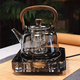 Full-length heat-resistant glass teapot, wooden handle and handle, steaming all-in-one, light luxury high-end electric ceramic stove tea maker, making tea around the stove, wood grain handle and handle kettle ash + Fuxitang silent pottery stove