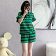 Yaoni dress new 2025 summer high-end fashion casual temperament polo collar knitted striped short-sleeved A-line skirt 9923 green and black suit L
