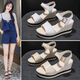Spechtleder-Leder bequeme Keilsandalen für Frauen 2025 Sommer neuer Schwammkuchen dicker Sohle vielseitiger Außenverschleiß Anti-Rutsch-Sandalen mittleren Alters mittlerer Alters beige [Boutique Frauenschuhe] 36