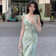 妙奕嘉法式碎花吊带连衣裙女纯欲裙子夏天新款显瘦收腰长裙气质沙滩裙 胸前交叉荷叶边吊带连衣裙 L 【建议120斤以内】