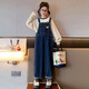 Chili Pepper Diary Girls Denim Overalls Spring and Autumn New Medium and Large Children's Style Loose Straight Temperament Versatile Casual Pants Overalls + Bottoming Shirt (Set) Size 150 Recommended height is about 135-145 cm