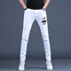 
Ke Jiehao 2025 spring and summer men's white slim jeans slim-fitting embroidered small feet casual trousers elastic printed pants trendy 6621 white hot diamond style 32