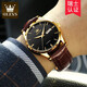 Olisian brand men's automatic mechanical watch new luminous waterproof butterfly buckle belt double calendar Valentine's Day gift watch OLS-6629 men-brown leather black face