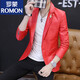 
ROMON PU leather suit men's spring and autumn new casual long-sleeved suit jacket slim Korean style leather handsome youth jacket 1712 white M