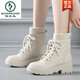 Holzspecker 2025 Herbst und Winter neues Leder im Off-Weiß-Martin-Stiefel für Frauen plus samt dicker Sohle dicker Absatz Vielseitig nicht rutschkurzer Stiefel Beige weißer Samt 36
