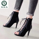 Woodpecker European and American tied fish-mouthed sandals for women spring and summer thin heel hollow short boots Jazz dance high heels women open toe sandals for women black 7 cm 37