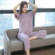 Cat man with chest pad pajamas for women in summer short-sleeved cropped pants thin summer loose outdoor wear suit WT846 [Healing Blue - Short-sleeved + Three-crop pants] L [100-120Jin [Jin equals 0.5 kg]]